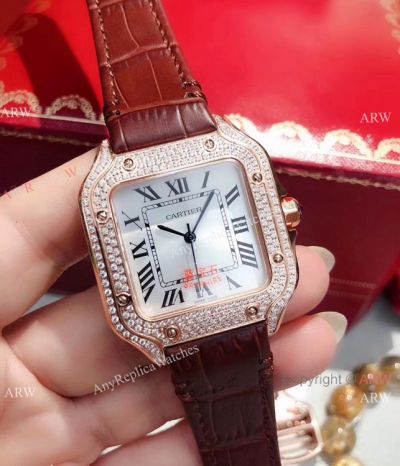 Replica Cartier Santos 100 Diamond-set Watch Rose Gold Brown Leather Strap